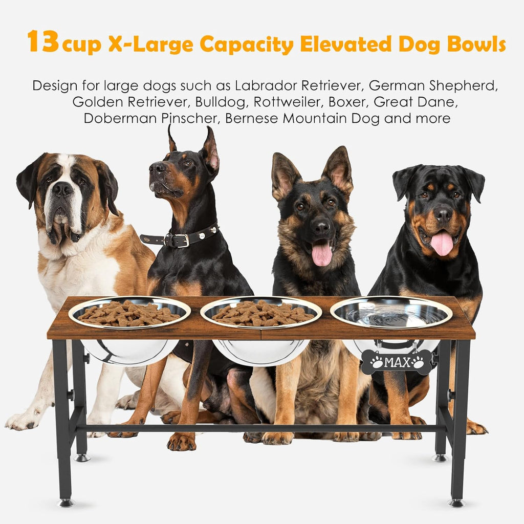 XXLarge Wooden Elevated Dog Bowl Stand – 4 Adjustable Heights (11.8"-17.7"), Wooden & Metal with 3 Stainless Steel Bowls & Splash Pad for Large & Extra Large Breeds