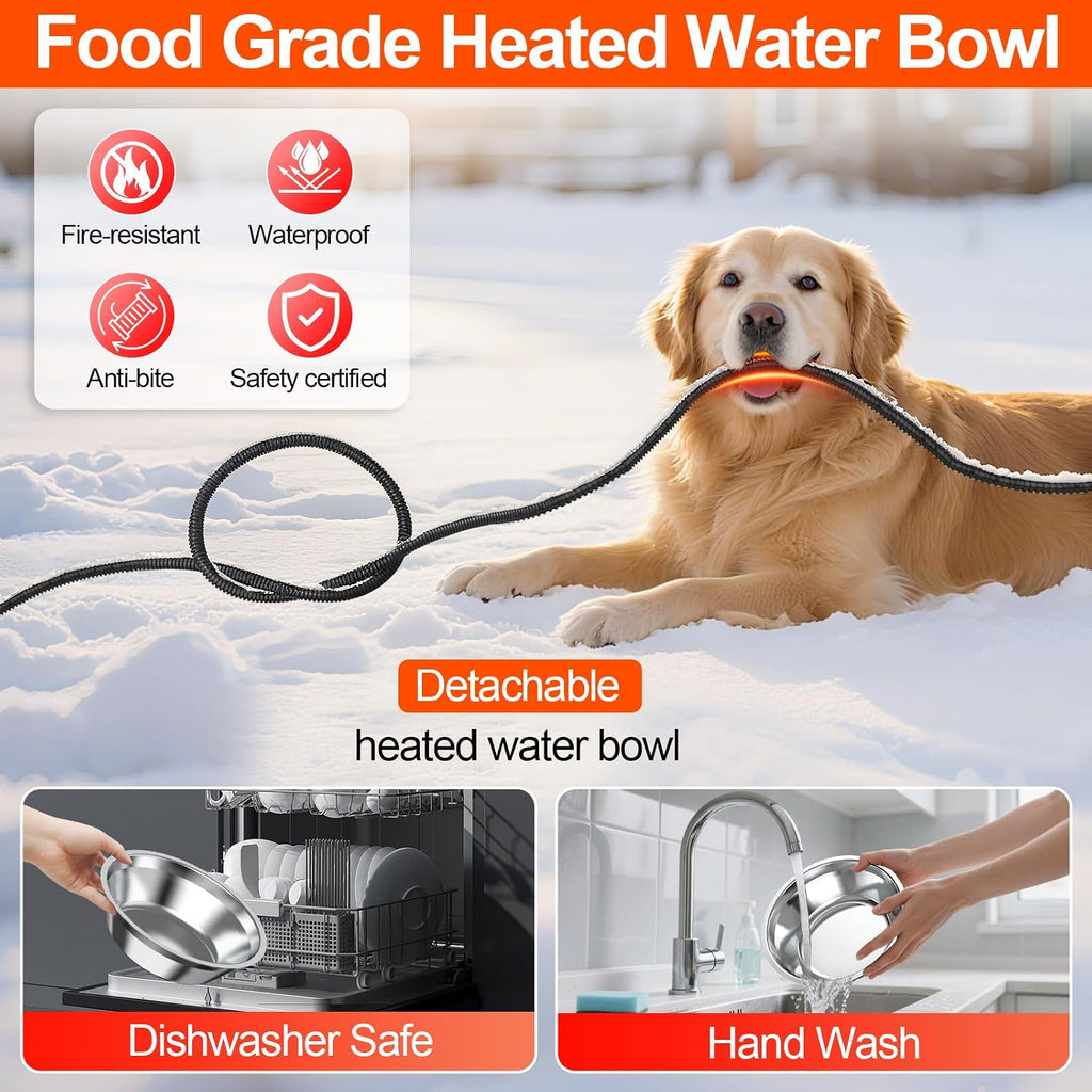 Heated Water Bowl for Dog Cat,Outdoor Heated Pet Bowl Food Bowl with 3 Temperature Settings & 12H Timer,50 oz Removable Stainless Steel Bowl,79" Anti-Chew Cord,for Dogs Cats Chickens Ducks Birds