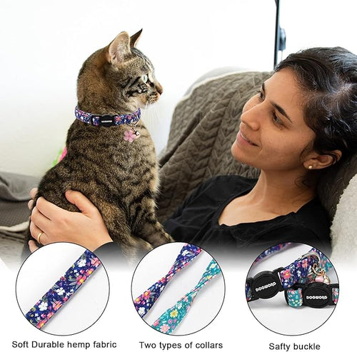 2 Pack Green Flower Cat Collars Breakaway with Bell, DOGWONG Safety Buckle Blue Floral Cute Cat Collar for Girl Boy Cats，Adjustable 7-12 Inch