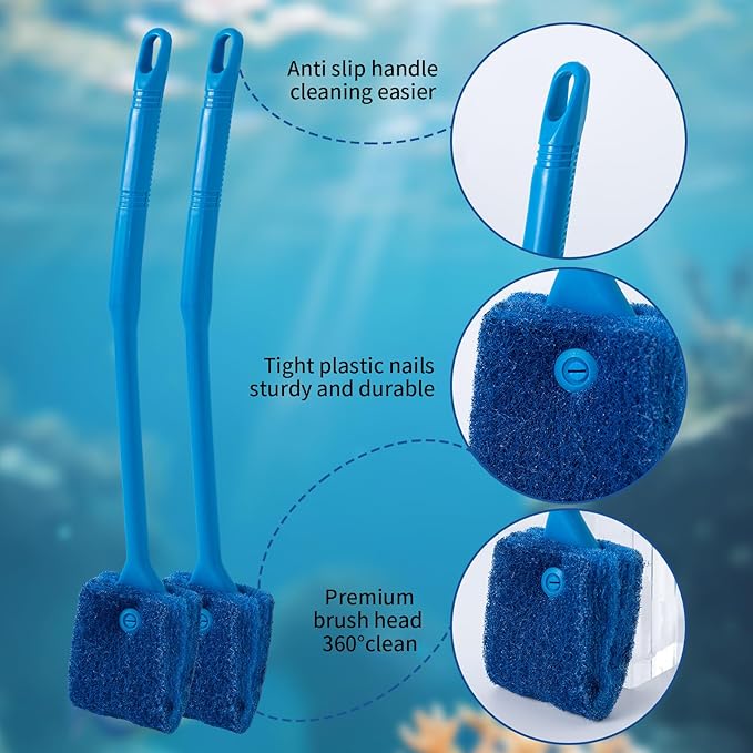 SLSON Aquarium Algae Scraper Double Sided Sponge Brush Cleaner Long Handle Fish Tank Scrubber for Glass Aquariums and Home Kitchen,15.4 inches (4)