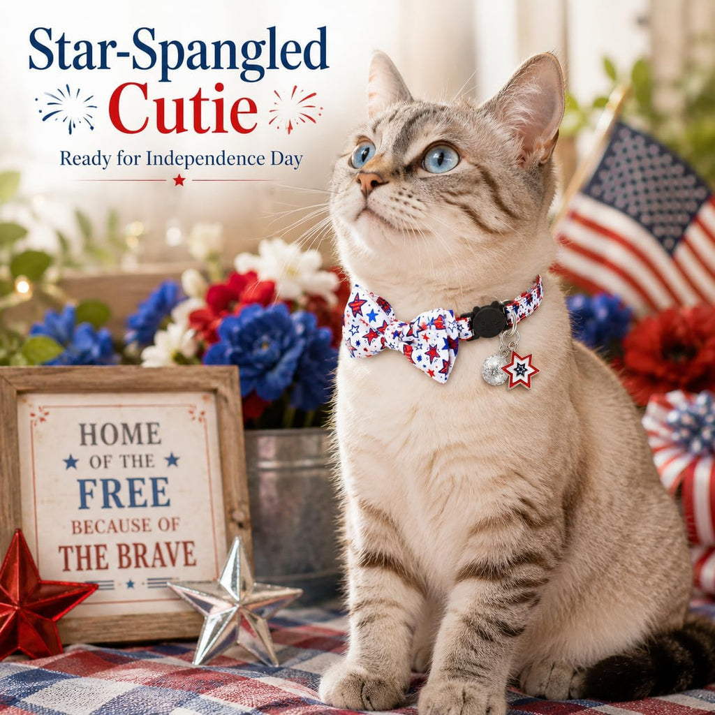 4th of July Cat Bow Tie Breakaway Collars with Bell and Charm, 2 Pack Patriotic Adjustable Cat Collars with Removable Bow Tie, Red White Blue USA Stars Independence Day Collars for Cats and Kittens