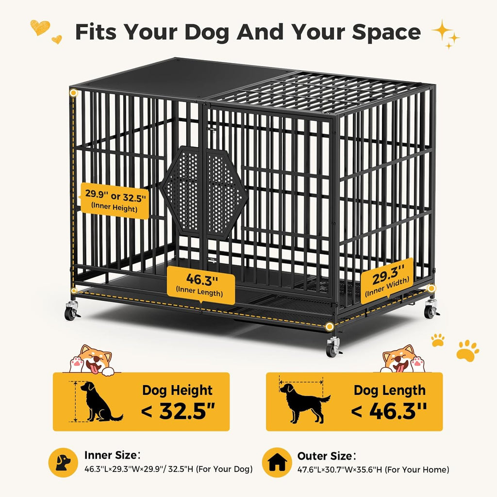 CAMMOO 48'' Heavy Duty Dog Crates for Large Dogs, Dog Kennel Indoor | For High Anxiety Dog, Escape-Proof Dual Top Fences, Reinforced Square Tube Frame, Easy-Clean Split Floor, Extra-Wide Door
