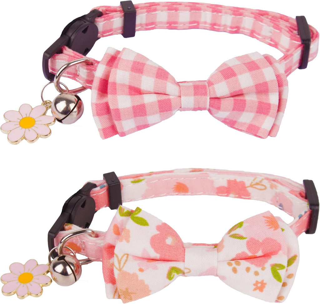 Pink Girl Cat Collar Breakaway, Plaid Floral Kitten Collar, XS | Detachable Bow Tie, Cute Floral Charm, Safe Breakaway Buckle, Adjustable, Pink Plaid & Plaid Print, for Girl Kittes