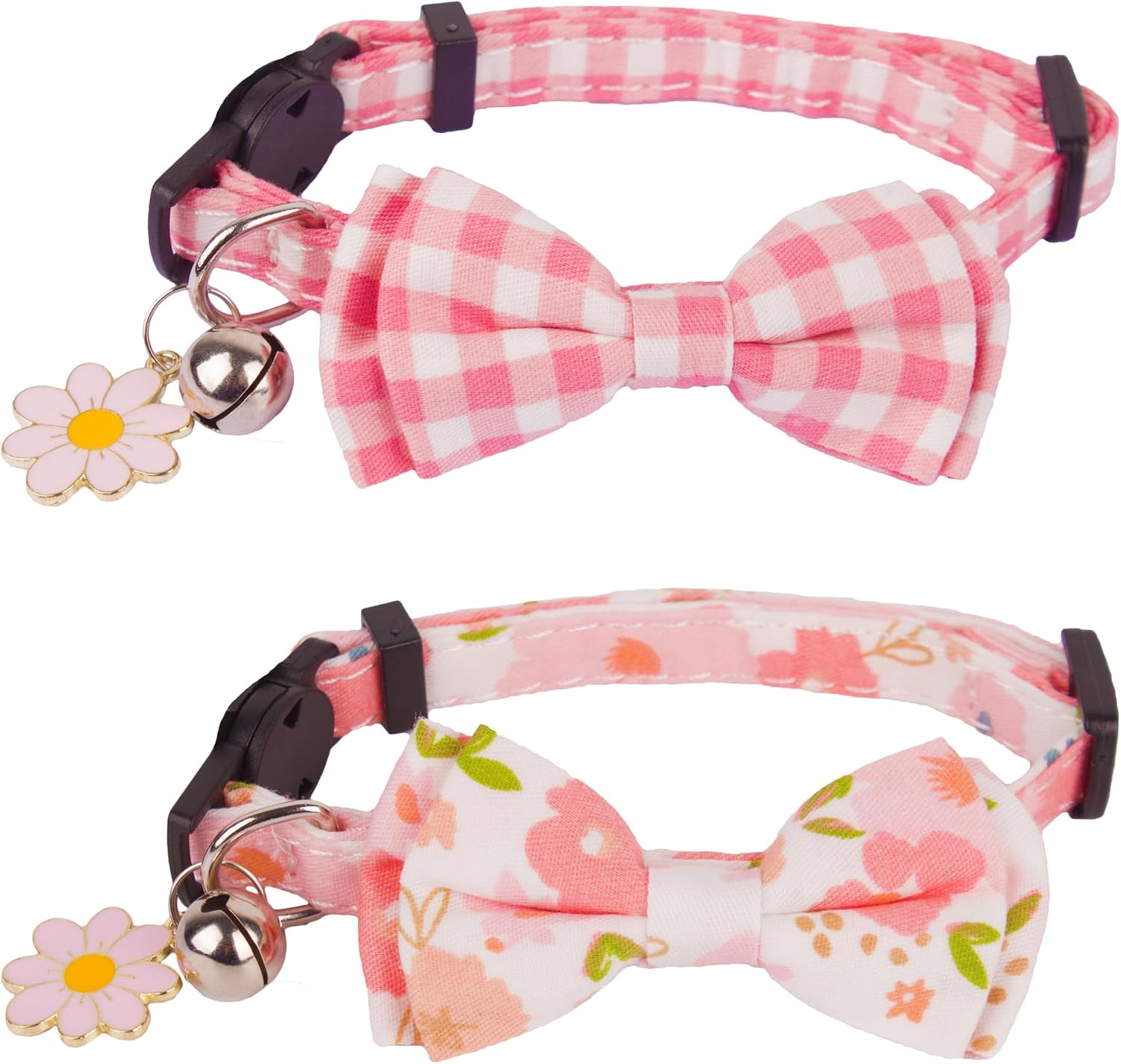 Pink Girl Cat Collar Breakaway, Plaid Floral Kitten Collar, XS | Detachable Bow Tie, Cute Floral Charm, Safe Breakaway Buckle, Adjustable, Pink Plaid & Plaid Print, for Girl Kittes