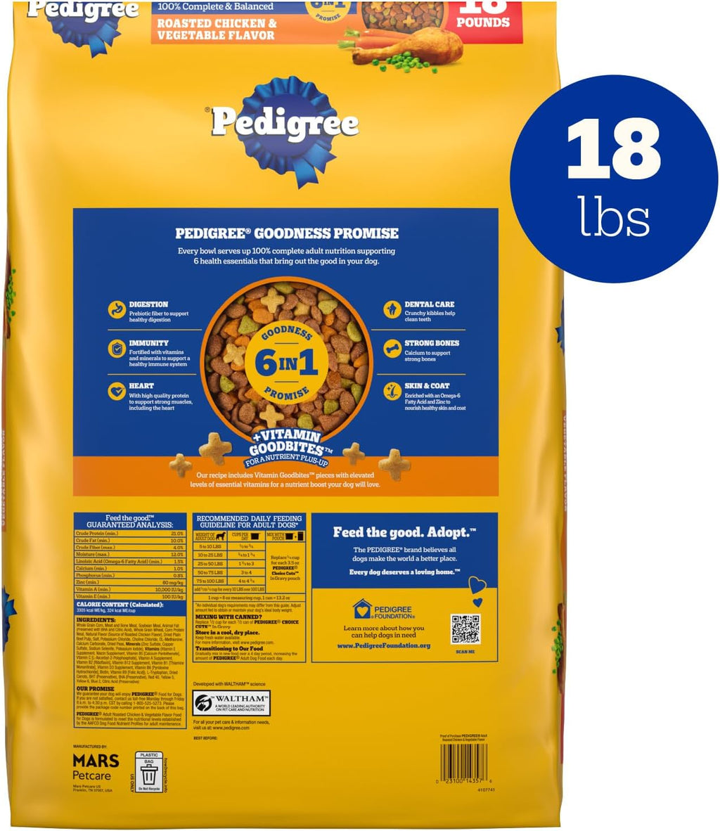 Pedigree Complete Nutrition Dry Dog Food, Chicken & Vegetable, 18 lb | Nutrient boost, prebiotic fibers, 36 vitamins & minerals, Omega 6 & Zinc, natural flavors, supports skin & coat