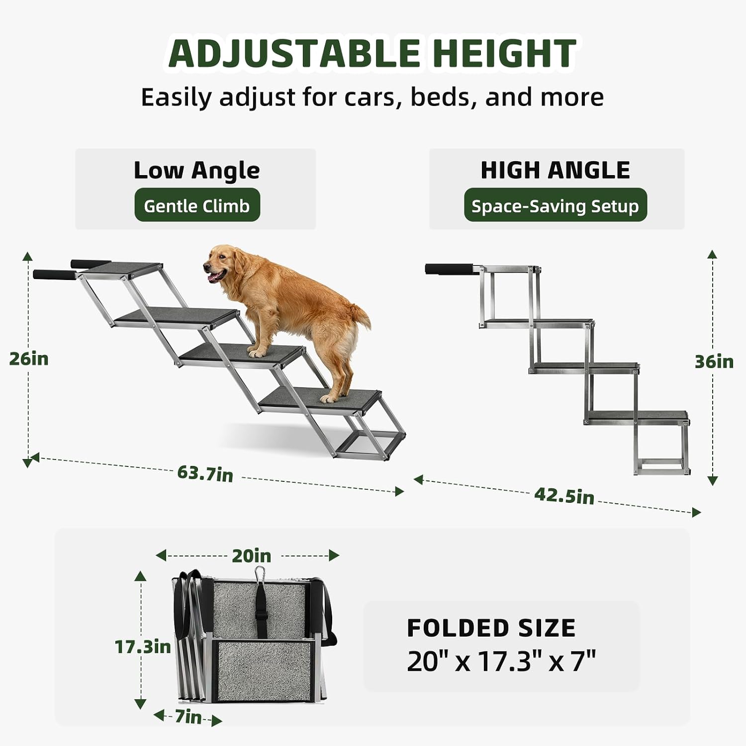 Dog Stairs for Large Dogs, 𝟐𝟎'' 𝐄𝐱𝐭𝐫𝐚 𝐖𝐢𝐝𝐞 Foldable Dog Ramp for Car, SUV & Truck, Non-Slip DogSteps for High Beds, 4-Step Aluminum Frame, Supports up to 250 lbs