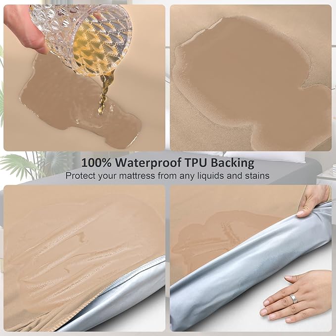 Waterproof Mattress Protector King, Fitted Sheet Style Breathable Mattress Cover with Deep Pocket Fits Up to 18'', Noiseless Bed Cover for Kids Adults Pets, Machine Washable (Light Tan, 76'' X 80'')