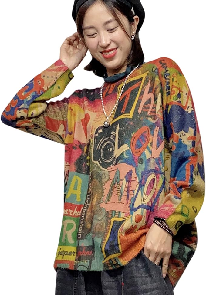 YESNO Women Christmas Sweater Graphic Printed Oversized Pullover Sweaters Casual Loose Knit Tops S01