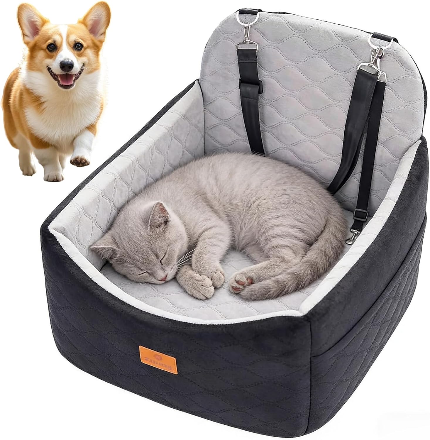 Dog/Cat Car Seat Pet Booster Seat for Dogs/Cats up to 30 lbs | Suitable for Small/Medium Pet Memory Foam with Detachable Washable Cover Travel-Safe Car Bed with Safety Belt/Storage Pocket