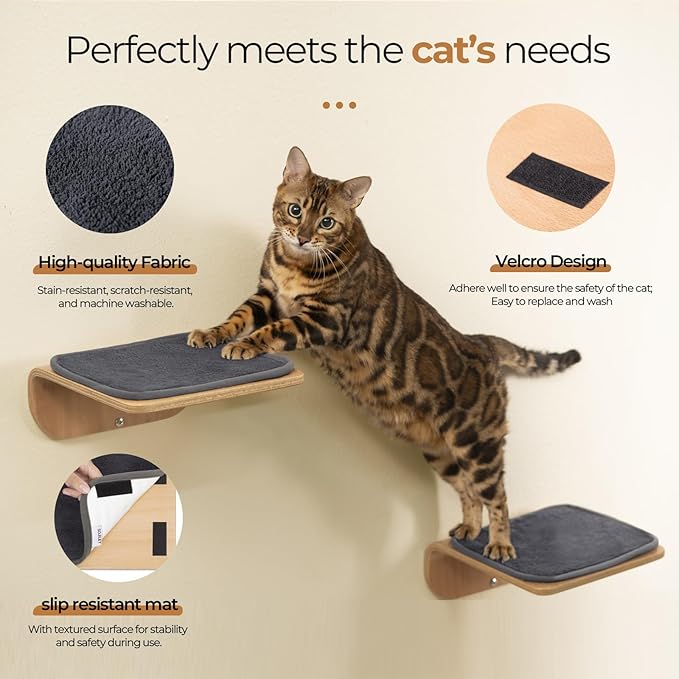 Cat Wall Shelves for Cat Wall Steps, Perch, Ladder, Wooden Floating Modern Mounted Space Saving Furniture with Scratching Cushion Removal Cover for Climbing, Jumping and Sleeping (Steps & Slide)