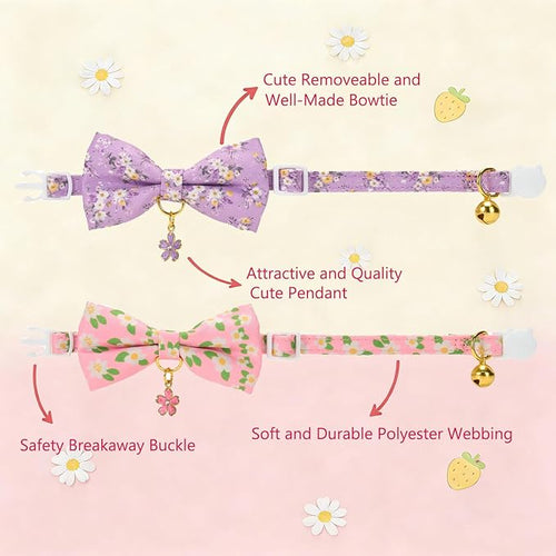 2 Pack Floral Cat Collars with Bow Tie and Bell Adjustable Breakaway Bowtie Cute Kitten Collar(Purple & Pink Flowers)