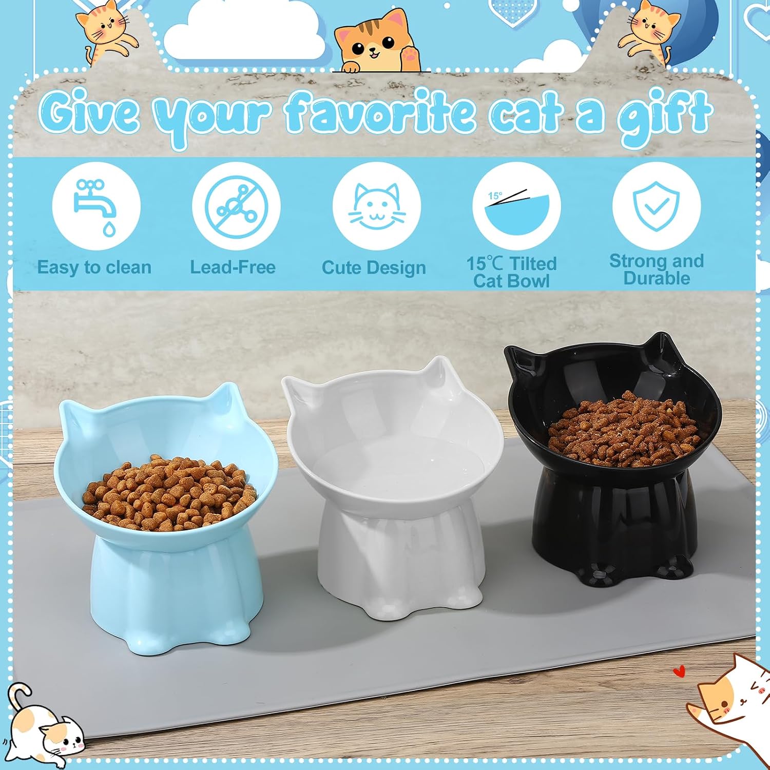 3 Pcs Elevated Cat Bowls 15°Raised Cat Food Bowl with Silicone Mat Blue | Whisker Friendly Anti Vomiting Cats Dishes Pet Food and Water Bowls for Indoor Cats Kittens