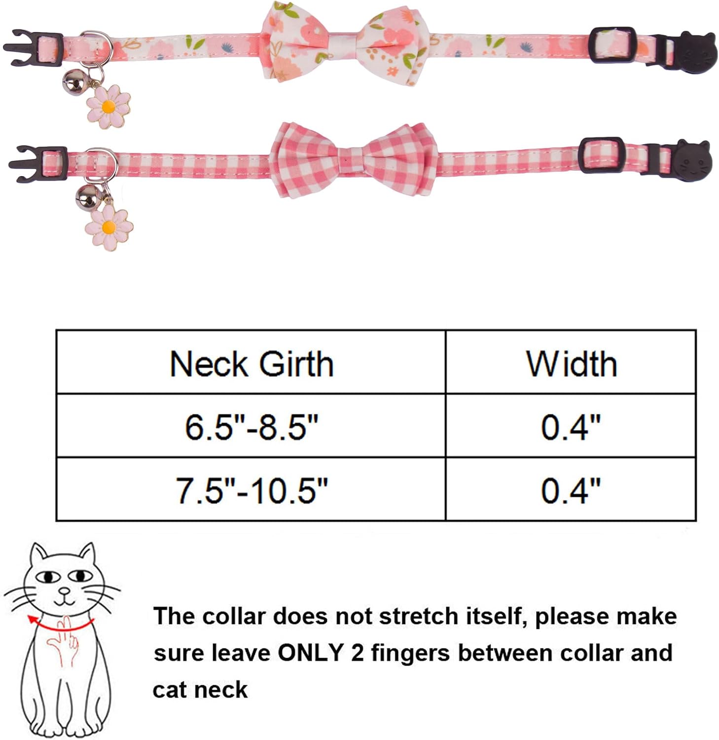 Pink Girl Cat Collar Breakaway, Plaid Floral Kitten Collar, XS | Detachable Bow Tie, Cute Floral Charm, Safe Breakaway Buckle, Adjustable, Pink Plaid & Plaid Print, for Girl Kittes