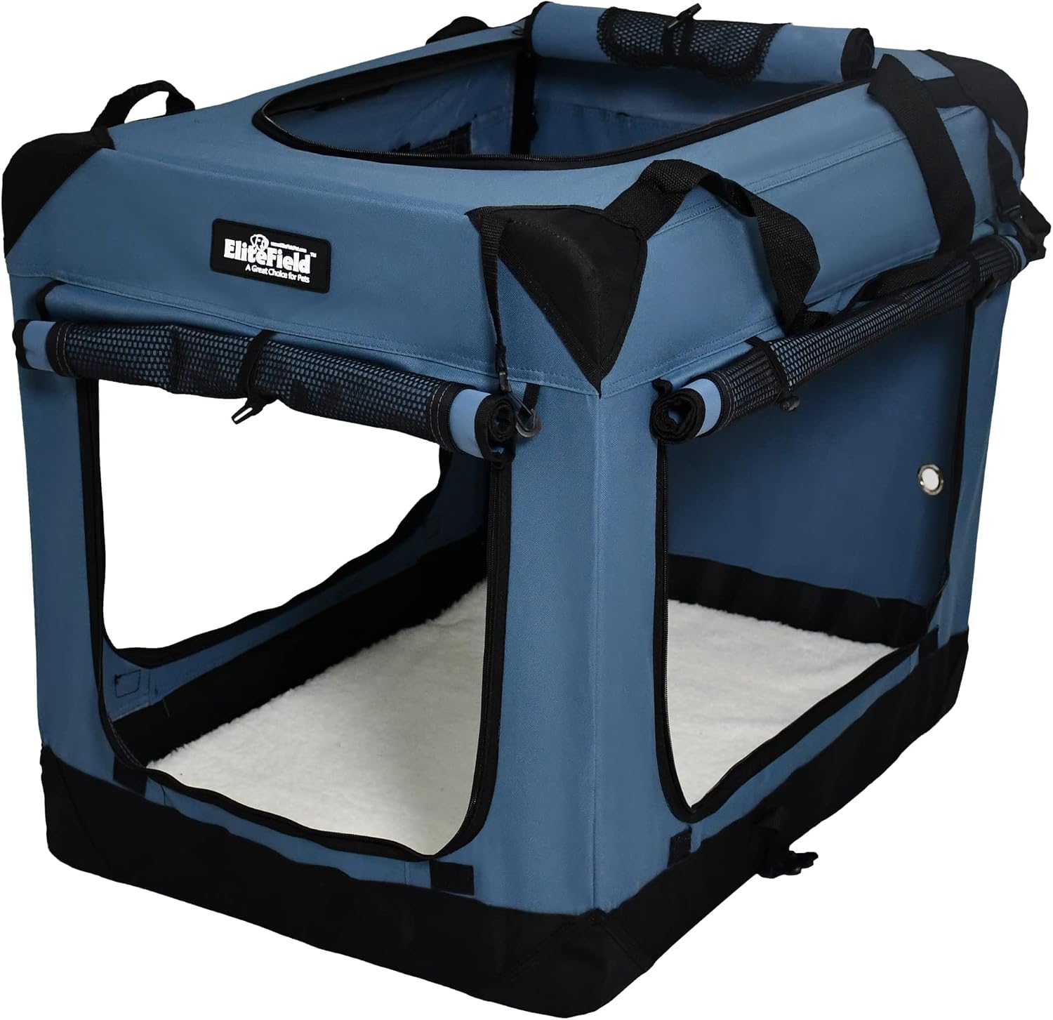 EliteField 4-Door Folding Soft Dog Crate with Curtains (2-Year Warranty) | 4 Mesh Doors, Steel Frame, Removable & Washable Crate and Bed Covers, Storage Pockets, Indoor/Outdoor, Foldable, Carrying Bag
