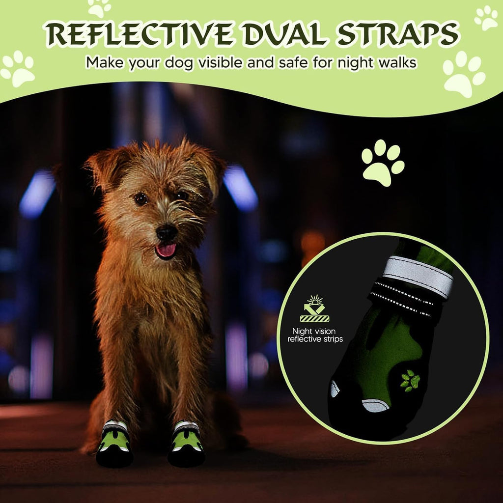 Dog Shoes for Large Dogs, 360°Anti Slip Medium Dog Boots & Paw Protectors Winter Snowy, Waterproof 4Pcs Dog Booties with Reflective Strips (Size 5: 2.37''x2.87''(W*L), Green)