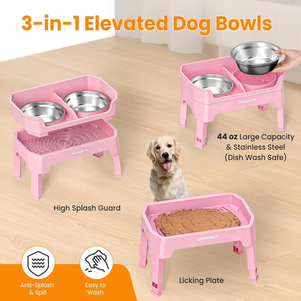 URPOWER 3-in-1 Elevated Dog Bowls - Double Deck Raised Dog Bowl Stand | 4 Adjustable Heights, 2 Stainless Steel Food Bowls, Mess Proof Licking Plate, Foldable Stand for Small Medium & Large Dogs