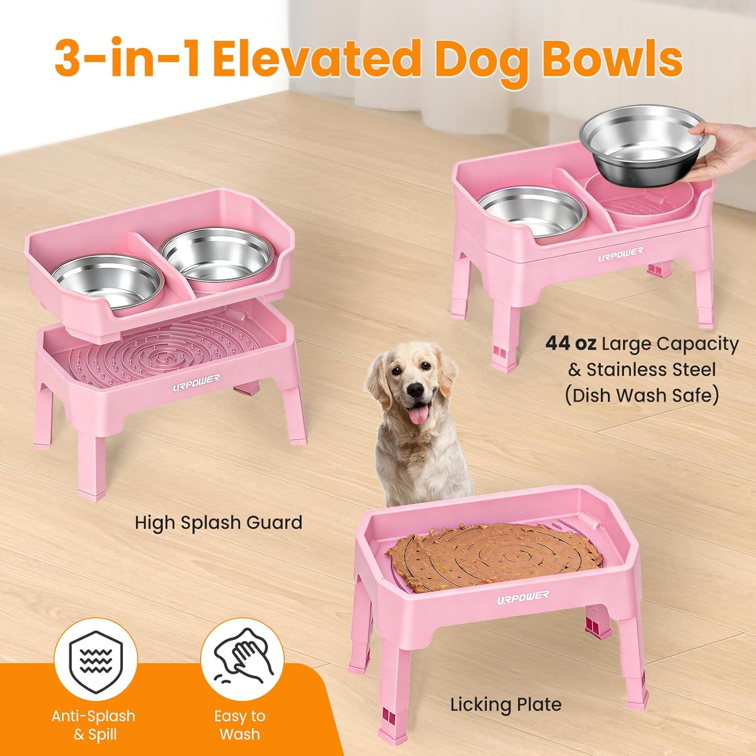 URPOWER 3-in-1 Elevated Dog Bowls - Double Deck Raised Dog Bowl Stand | 4 Adjustable Heights, 2 Stainless Steel Food Bowls, Mess Proof Licking Plate, Foldable Stand for Small Medium & Large Dogs