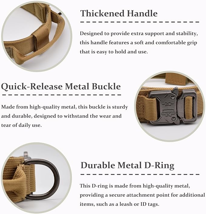 Tactical Dog Collar, Adjustable Military Training Nylon Dog Collar with Control Handle and Heavy Quick-Release Metal Buckle for Small Medium Large Dogs, Brown S