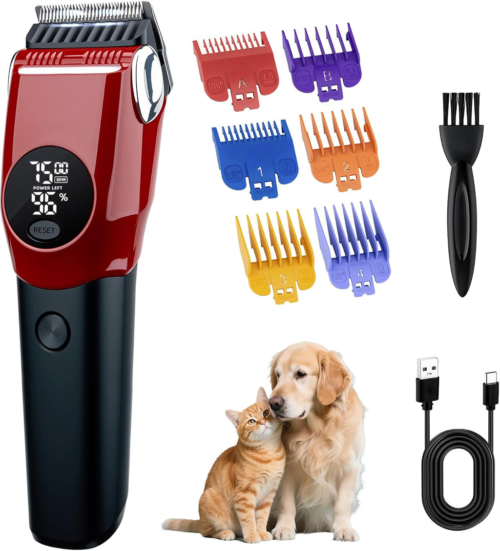 Mcbazel Dog Clippers Grooming Kit, Low Noise Rechargeable Cordless Adjustable Pet Hair Shaver Trimmers Set for Dogs, Cats and Other Pets [Red]