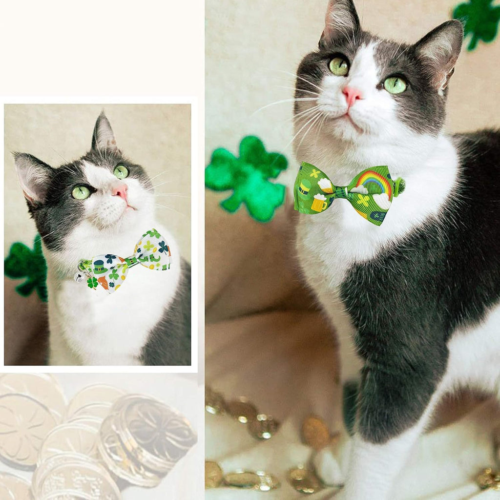 St. Patrick's Day Cat Collar with Bow Tie and Bell, Adjustable Breakaway Shamrock and Rainbow Kitty Collar, Holiday Accessories for Cats and Kittens, Boys and Girls