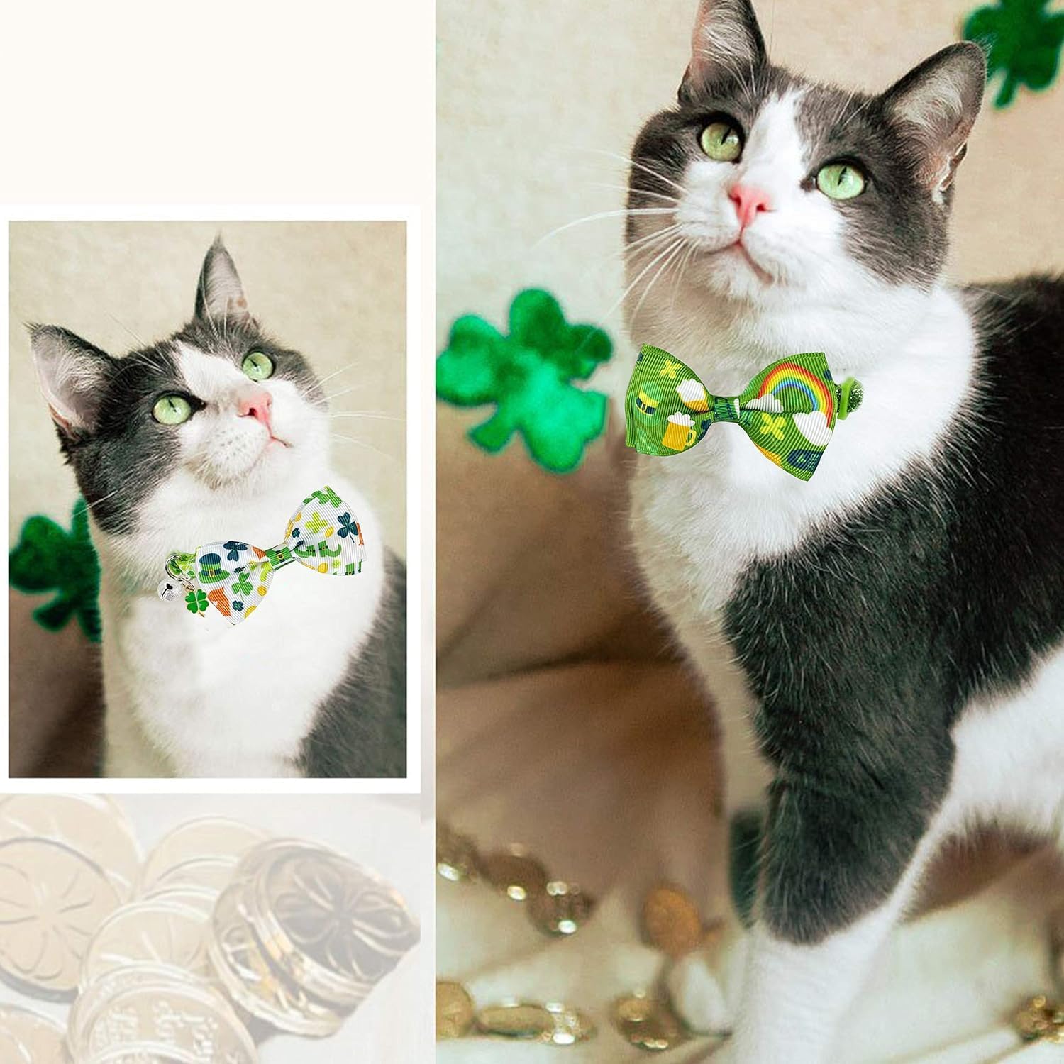 St. Patrick's Day Cat Collar with Bow Tie and Bell, Adjustable Breakaway Shamrock and Rainbow Kitty Collar, Holiday Accessories for Cats and Kittens, Boys and Girls