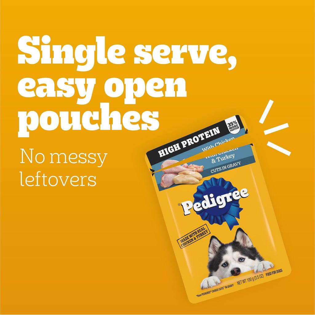 Pedigree High Protein Wet Dog Food Pouches, Variety Pack, 3.5 oz, 30 Count | 35% more protein than Choice Cuts in Gravy, real beef/chicken/turkey, steam cooked, 100% complete & balanced