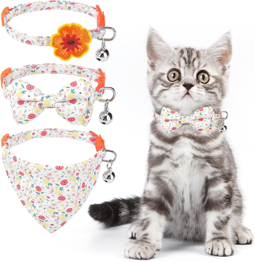 Summer Cat Collar Breakaway with Bells and Bowtie, 2 Pack Cute Leather Cat Bandana Collar with Safety Buckle Adjustable Size for Small Kitten Boys Girls, White+Orange Flower