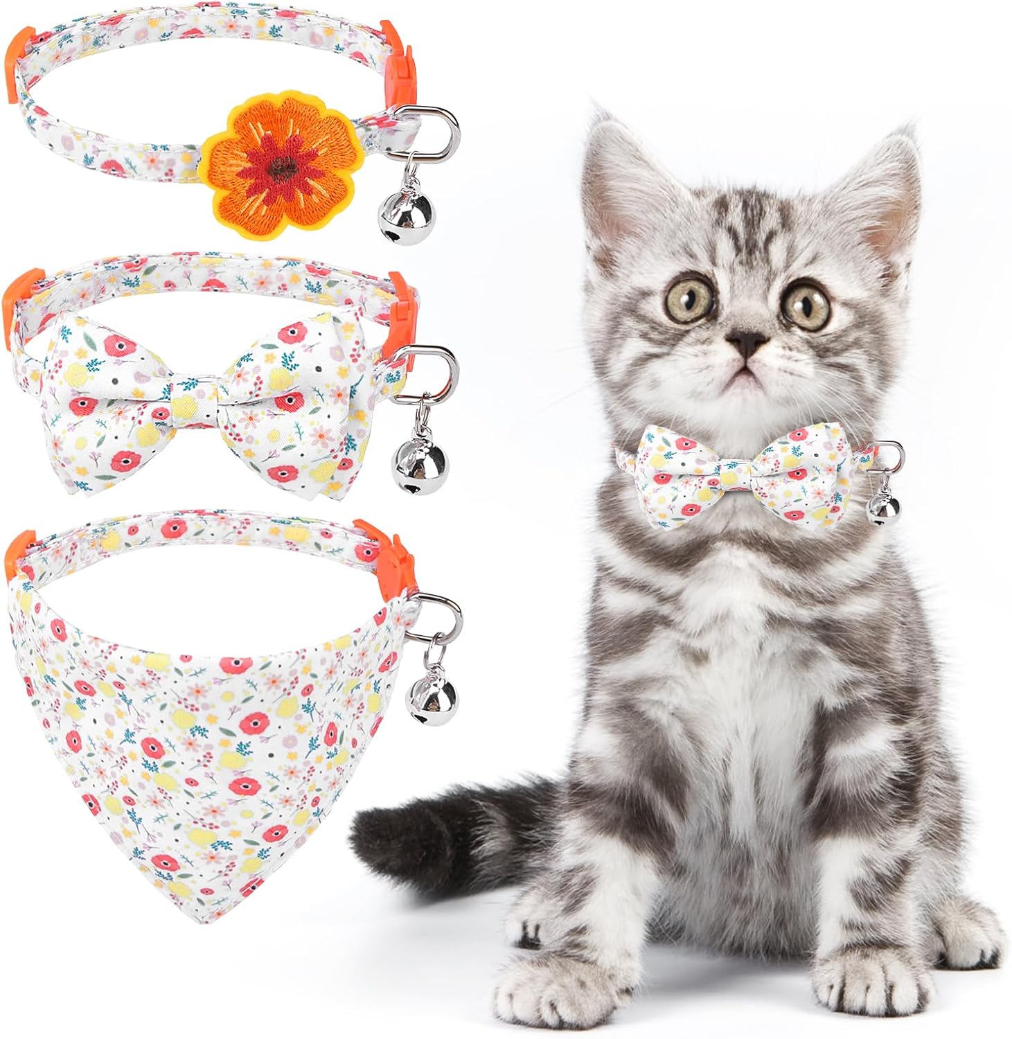 Summer Cat Collar Breakaway with Bells and Bowtie, 2 Pack Cute Leather Cat Bandana Collar with Safety Buckle Adjustable Size for Small Kitten Boys Girls, White+Orange Flower