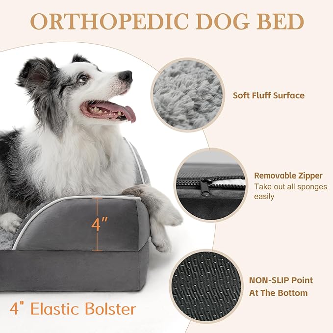 Comfort Expression Orthopedic Dog Bed for Large Dogs 35x22 Inch, Waterproof Supportive Egg Crate Foam Large Pet Bed with Removable Bolsters, Dog Couch with Washable Cover & Non-Slip Bottom, Grey