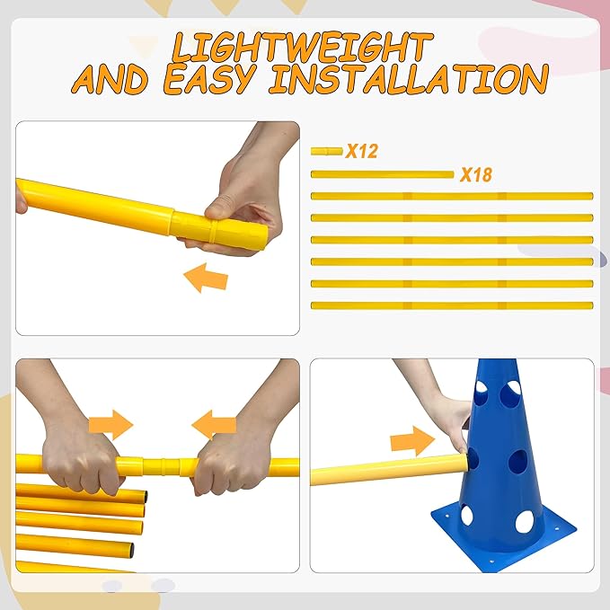 Dog Agility Hurdle Cone Set, Dog Agility Set Include 12 Agility Cones 6 Agility Rods, Dog Agility Equipment with Carry Bag(Blue+Orange+Yellow)