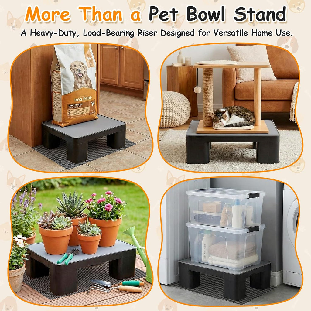 Elevated Dog Bowl Stand with Waterproof Dog Food Mat, Non-Slip, 1 Pc, Black | Reduce Neck & Joint Strain, Easy to Clean Silicone Pet Feeding Mat, Sturdy Legs, Ideal for Small & Medium Dogs and Cats
