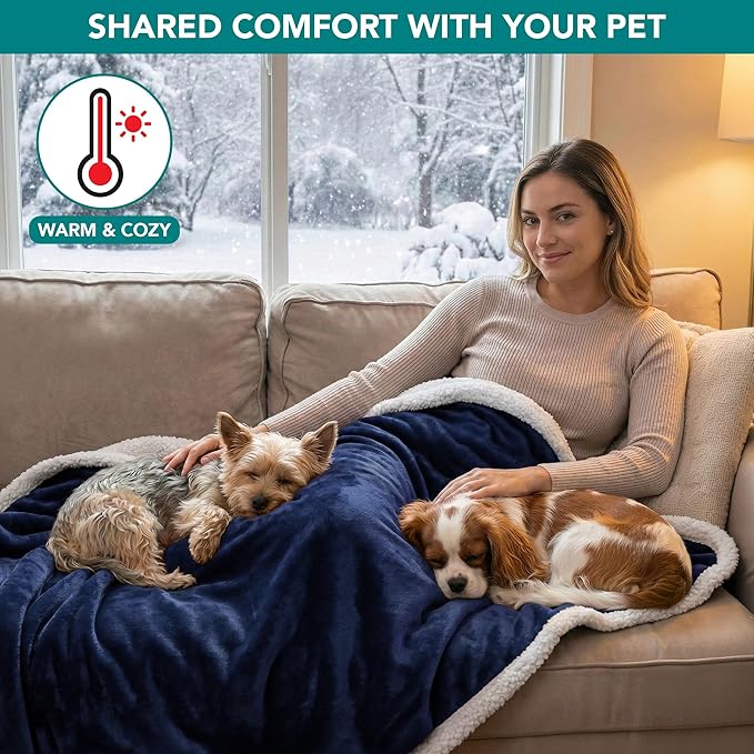 PetAmi Waterproof Dog Blanket for Small Medium Dog Puppy Cat Throw for Couch Cover Leakproof Protection, Sherpa Fleece, Reversible Soft Washable 29x40 Navy Blue