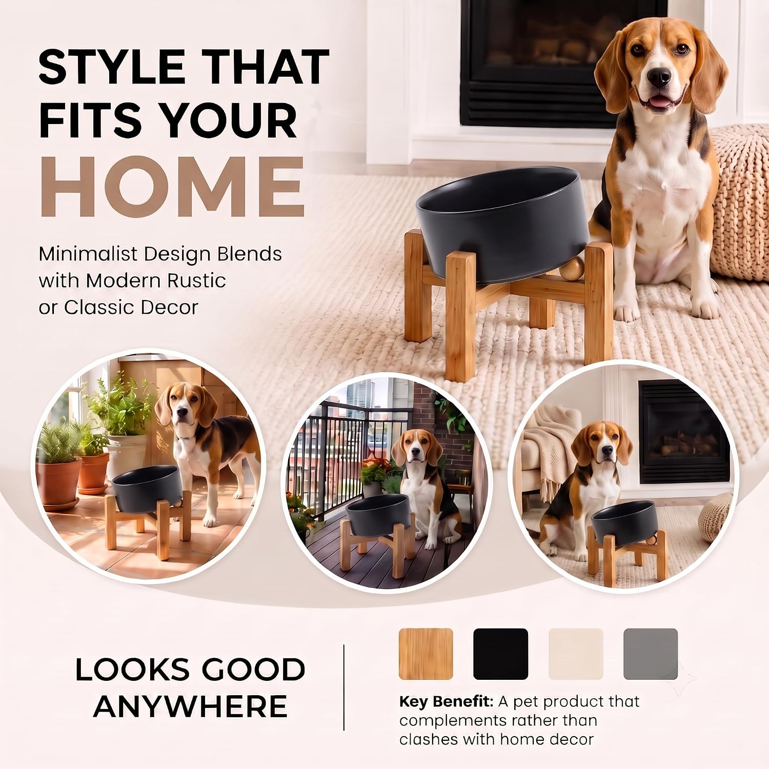 hjn Elevated Ceramic Dog Bowl/Raised Ceramic Dog Bowls with Bamboo Stand, 15°Slanted Raised Pet Feeder for Small Medium Dogs and Cats, Non-Slip Heavy Weighted Design (Black, 3.6Cup)