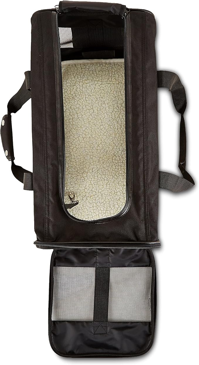 Amazon Basics Airline Approved Soft-Sided Mesh Pet Travel Carrier with Shoulder Strap, Removable Washable Fleece Pad, Top Opening, Ventilation for Dog, Cat, up to 22 pounds, 19.7Lx12Wx12H in., Black
