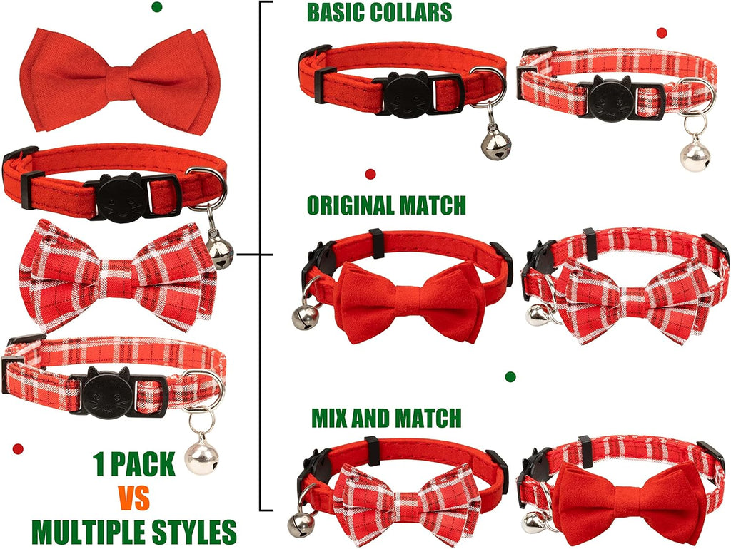 Cat Collar Breakaway Bowtie Safety with Bell Adjustbale Kitten Puppy Solid Plaid Color Set J-[2pcs] Red