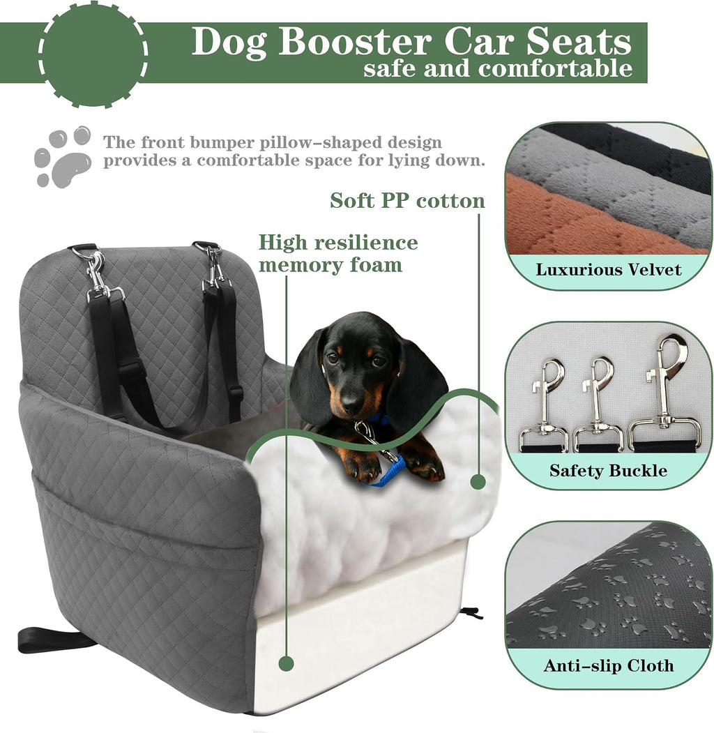 Dog Car Seat for Small/Medium Dogs,2 Adjustable Seat Belt,Memory Foam with Soft Fabric Pets Travel Car Bed with Non-Slip Bottom,Easily Installed in Front and Back Seats,Removable and Washable(H-Grey