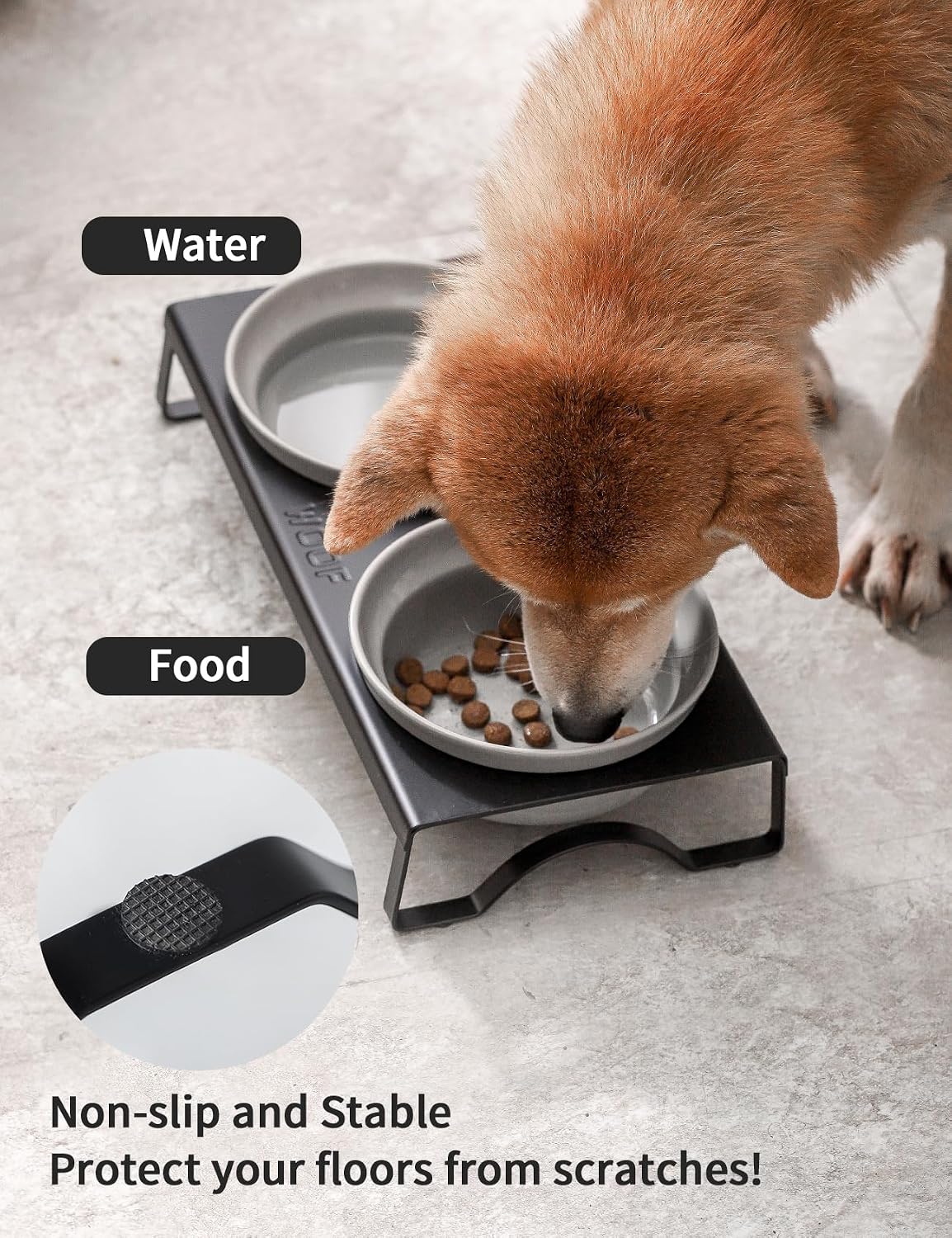 Ceramic Grey Dog Bowls Set - 5 inch Dog Food & Water Bowls, Elevated Feeding Bowls with Metal Stand for Small Size Dog,Puppy Bowl Set for Wet and Dry Food