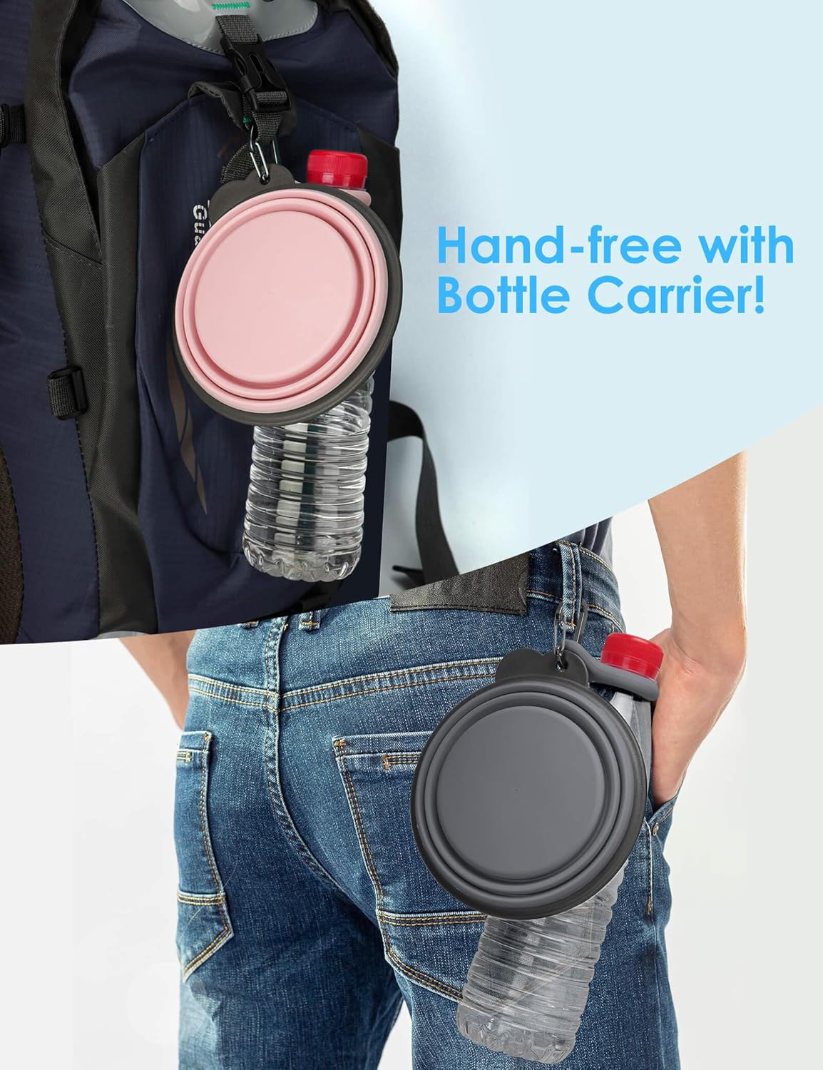 2 Pack Collapsible Dog Bowls with Bottle Carrier(Small 15oz) | Upgraded Carabiner,One-piece Molded Rim Won't Fall Off or Crack, Foldable Portable for Pets Water Drinking or Food Feeding