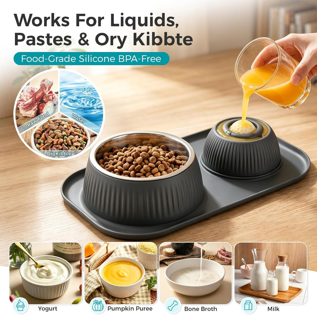 Dog Licking Bowl with Rolling Ball,Food and Water Bowl Set Slow Feeder | Spill proof & no tipping bowl mat features raised edge design to block splashes portable as travel dog bowls for outdoor trip