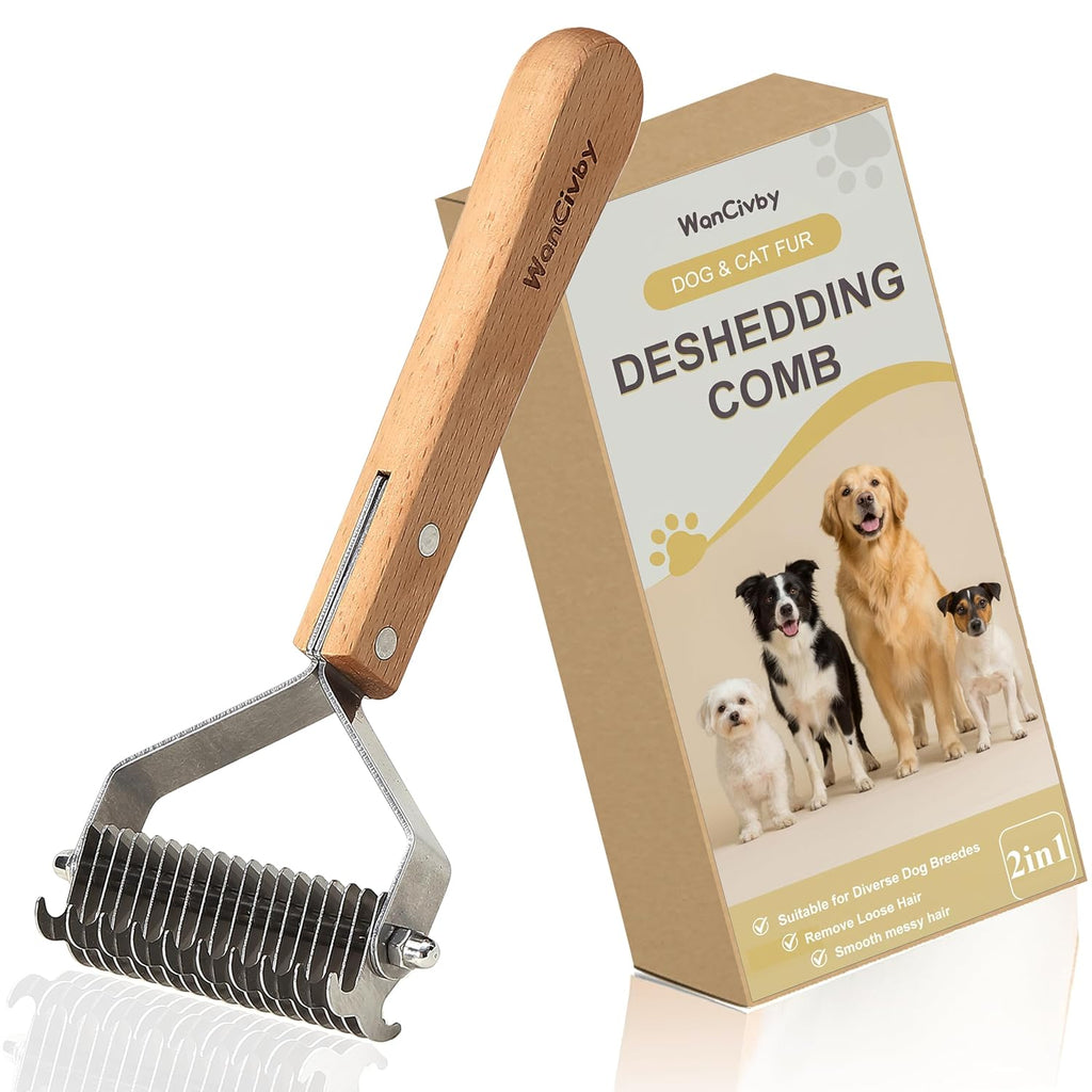 Dog Grooming Brush 2-in-1 - Undercoat Rake & Dematting Tool, Effective Shedding Control for Detangling All Dog Sizes