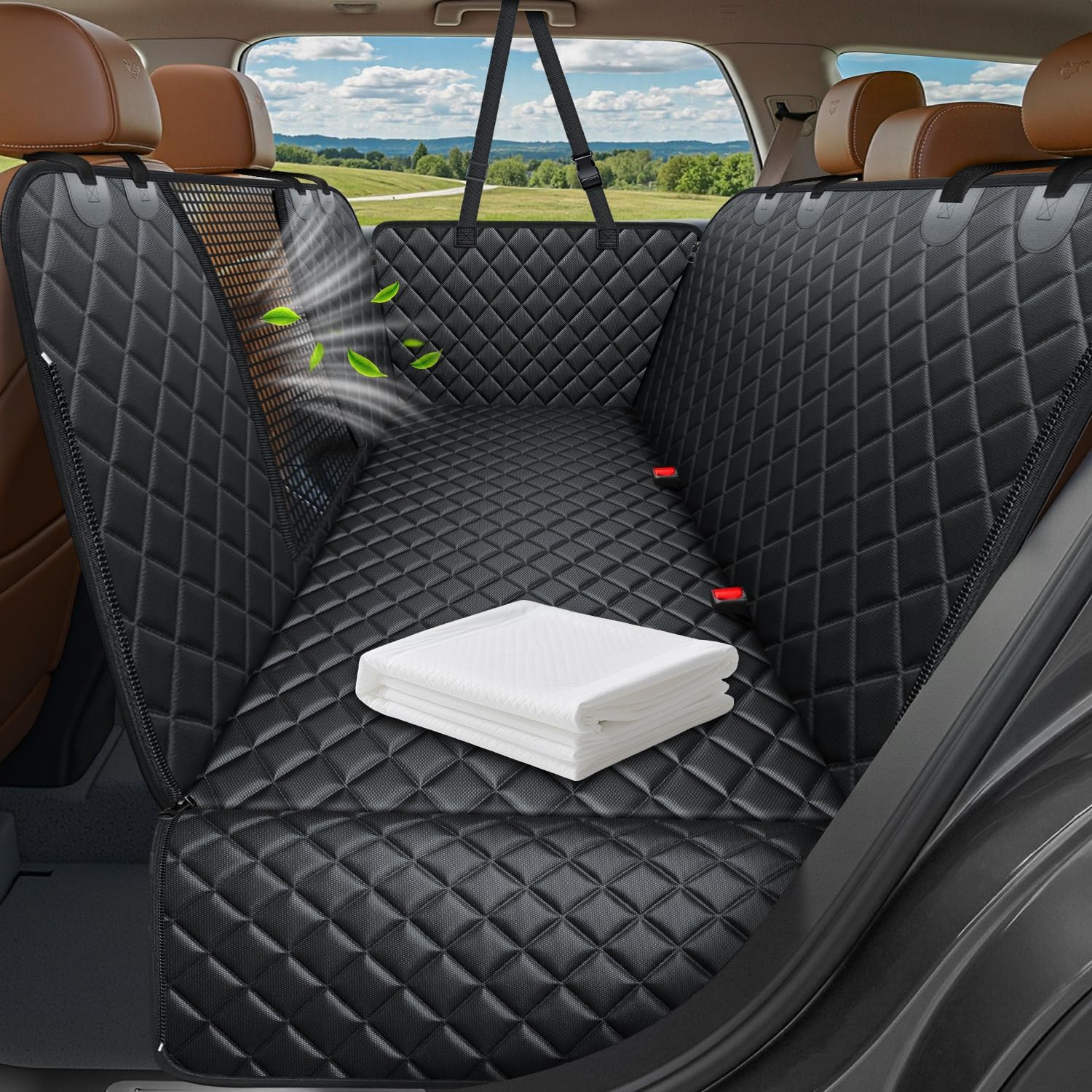 URPOWER Dog Car Seat Cover for Back Seat, Waterproof Hammock for Car & SUV | Mesh Window, Side Flaps, 600D Oxford, Scratch Resistant, Non-Slip, Easy Install, Machine Washable, Pee Pad Included
