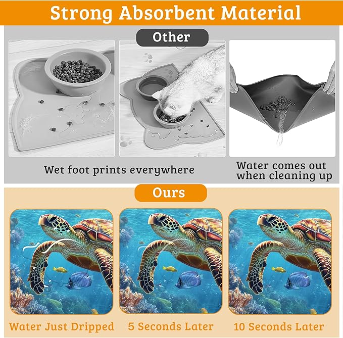 Sea Turtle Dog Cat Food Mat,Colorful Coral Absorbent Waterproof Placemat for Food and Water Non Slip Rubber Backing Durable Feeding Pad for Clean Floors 16" x 24"