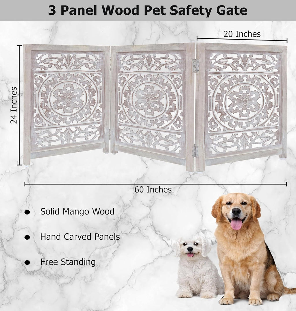 Croft&Cane Wooden Foldable Pet Dog Gate - Hand Carved 3-Panel 60 W x 24 H | Suzani White Wash Freestanding Portable Puppy Dog Fence - Solid Wood & MDF Indoor Doorway Hallway Stairs Safety Barrier