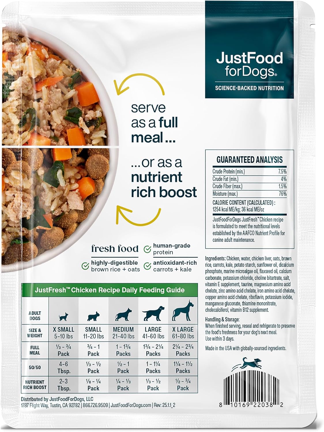 JustFoodForDogs JustFresh Fresh Wet Dog Food or Topper - Chicken, 7 Pack | Fresh Pet Meals and Dog Toppers with No Preservatives, Resealable Package, Human Grade, Home-Cooked Chicken, 12 Oz Pouches