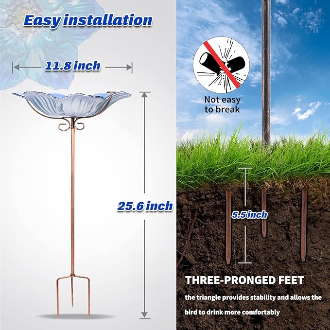 MUMTOP Bird Baths for Outdoors Glass Bird Bath Bowl Outdoor Bird Feeder Flower Pattern with Metal Stake for Garden, Yard and Lawn Decor(Blue)