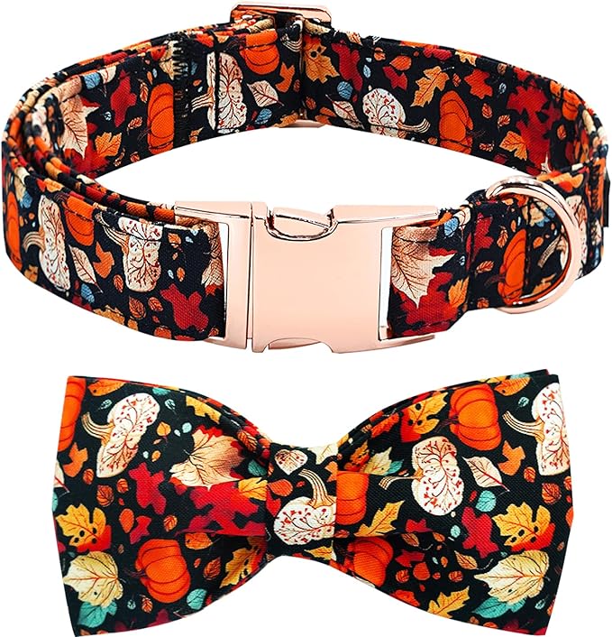 Fall Dog Collar, Leaf Pumpkin Print Adjustable Pet Collar Cute Cotton Soft Collars with Bow Tie Metal Buckle Holiday Puppy Collars Boy&Girl Gift for X-Large Dogs