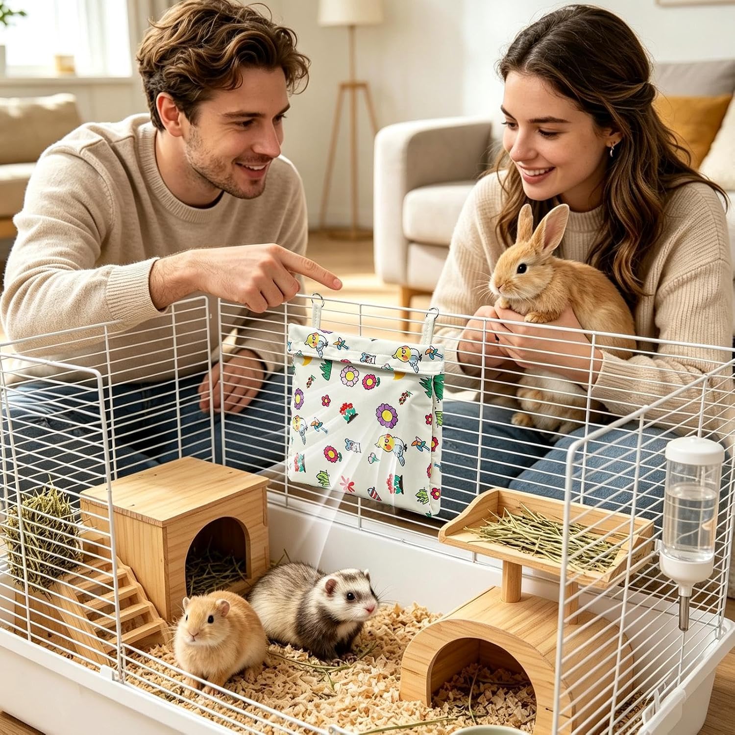 Pet Cooling Mat - Refillable Freeze Pack Washable Small Pet Cooling Pad | Anti-Condensation Hanging Cooling Nest with 4 Ice Crystal Plates for Rabbits Hamsters Ferrets Guinea Pigs | Cage Cooling Mat