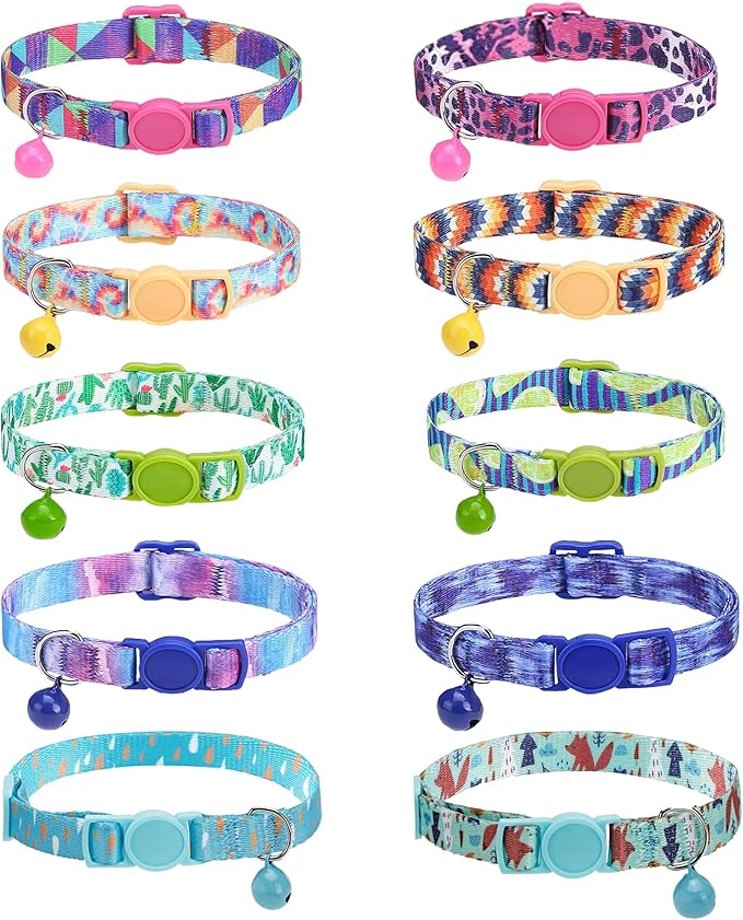 SOLMOONY Cute Cat Collar for Girl Boy,Colorful Breakaway Cat Collars with Bell 2 Pack，Adjustable Printed Nylon with Safety Buckles Kitten Collar (Fox)