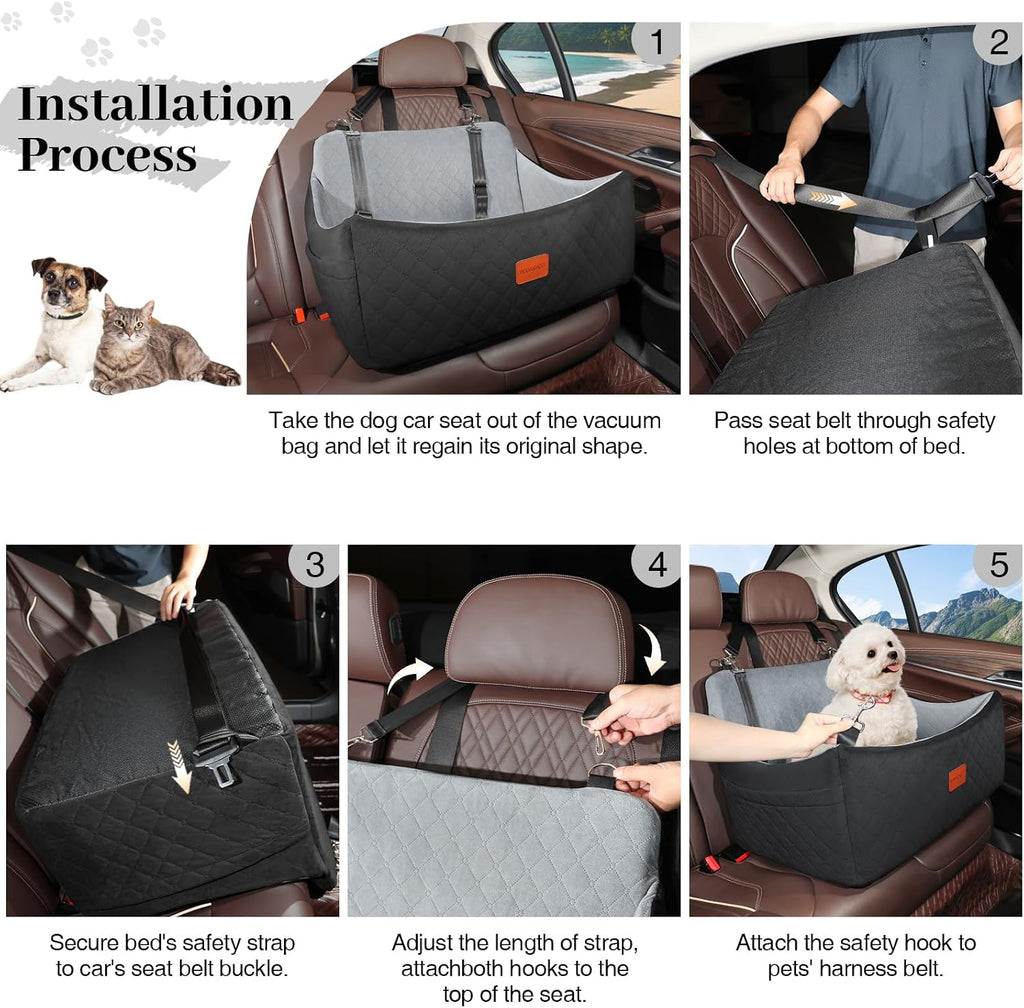 Wooaidagg Dog Car Seat for Medium & Large Dogs Up to 55lbs, Memory Foam Cushion, Washable Cover, Safety Straps & Non-Slip Base(Black/Grey,Large)