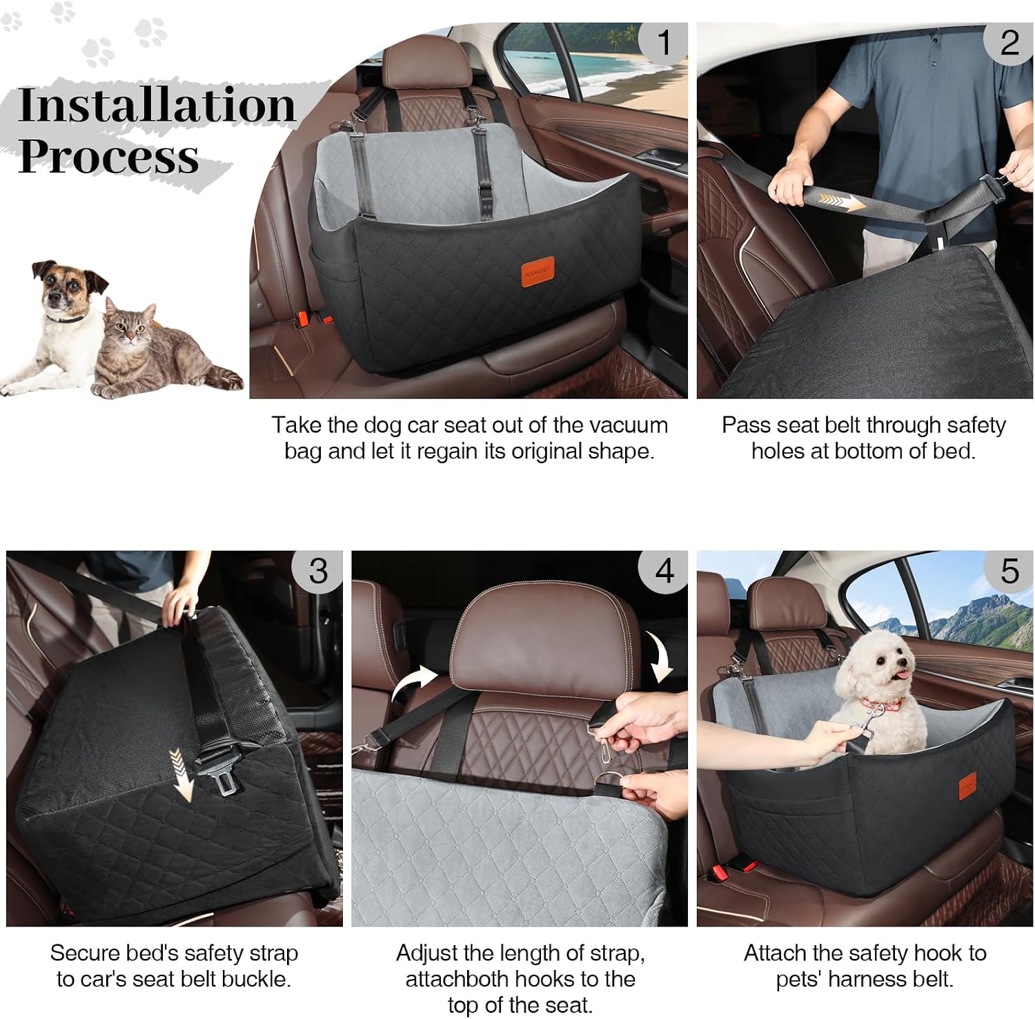 Wooaidagg Dog Car Seat for Medium & Large Dogs Up to 55lbs, Memory Foam Cushion, Washable Cover, Safety Straps & Non-Slip Base(Black/Grey,Large)
